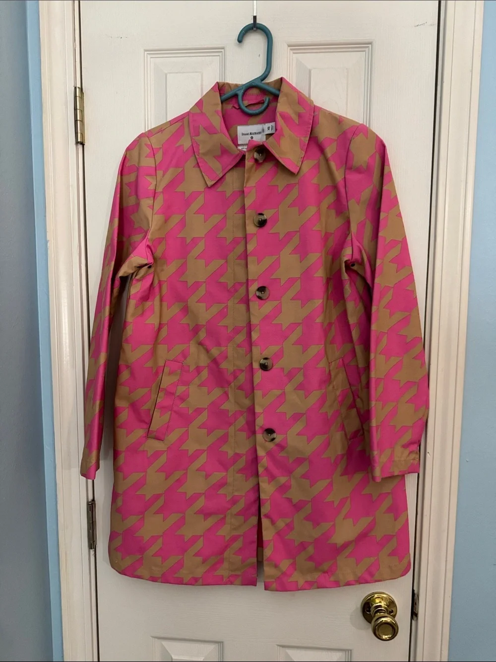 Isaac Mizrahi Pink and Tan Houndstooth Coat